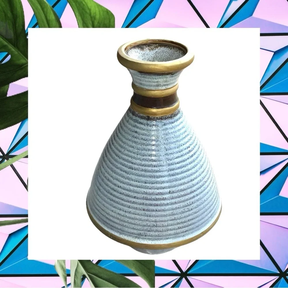 Gray Blue Speckled w Antique Gold Trim Beehive Swirl Stoneware Ceramic 12.75”